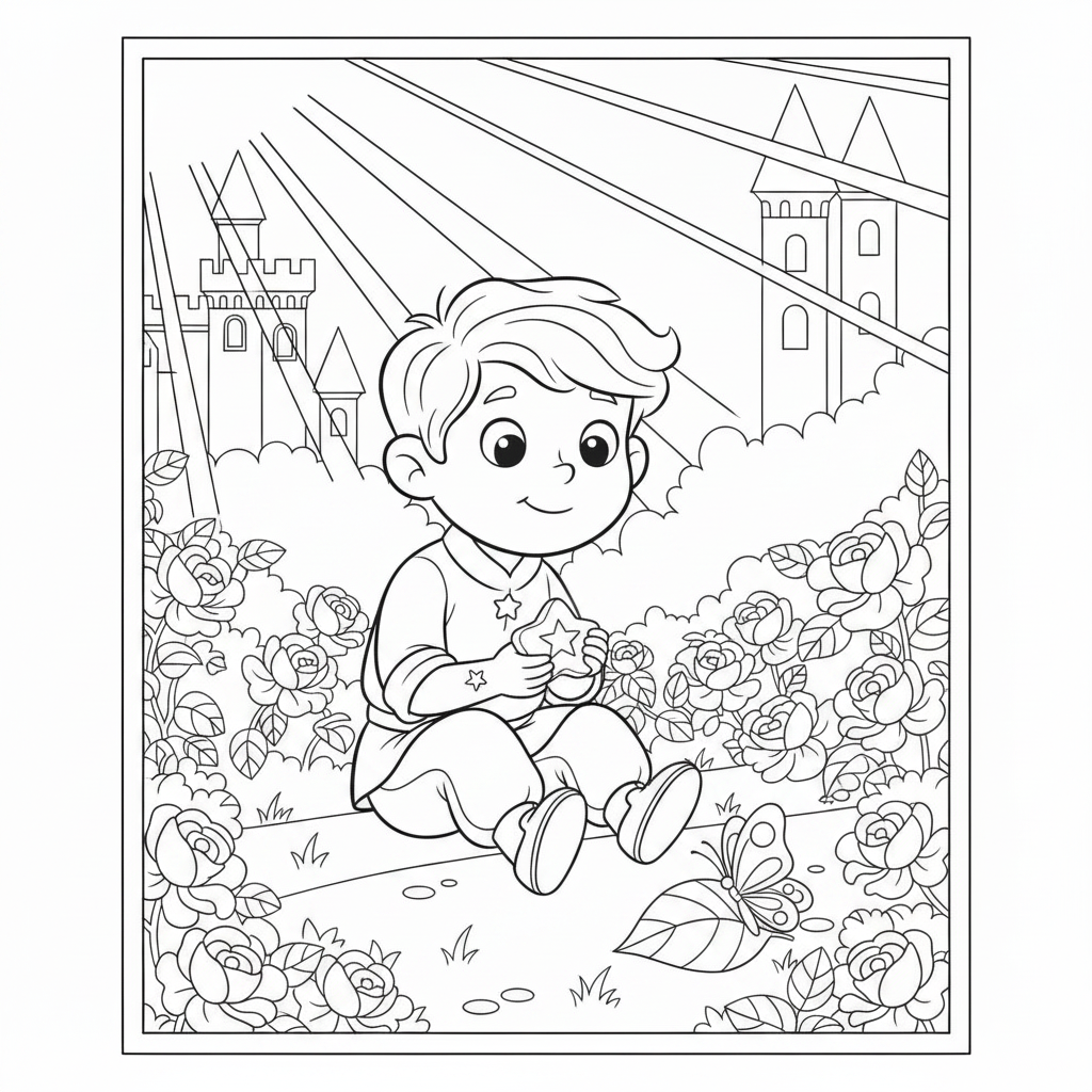 Coloring page from a mini story about Prince Leo and the shooting star. Coloring page of the prince trapped by the evil grandmother in a castle. – page 10