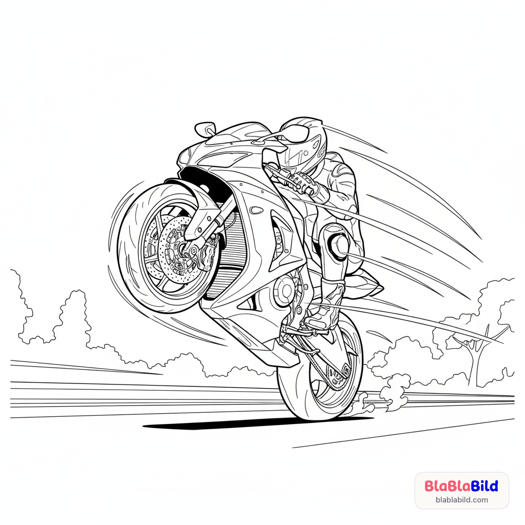 Ein Motorrad macht einen Wheelie auf der Straße