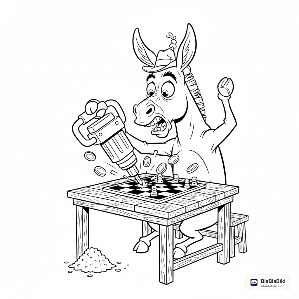 Coloring page of a donkey playing checkers with a jackhammer.