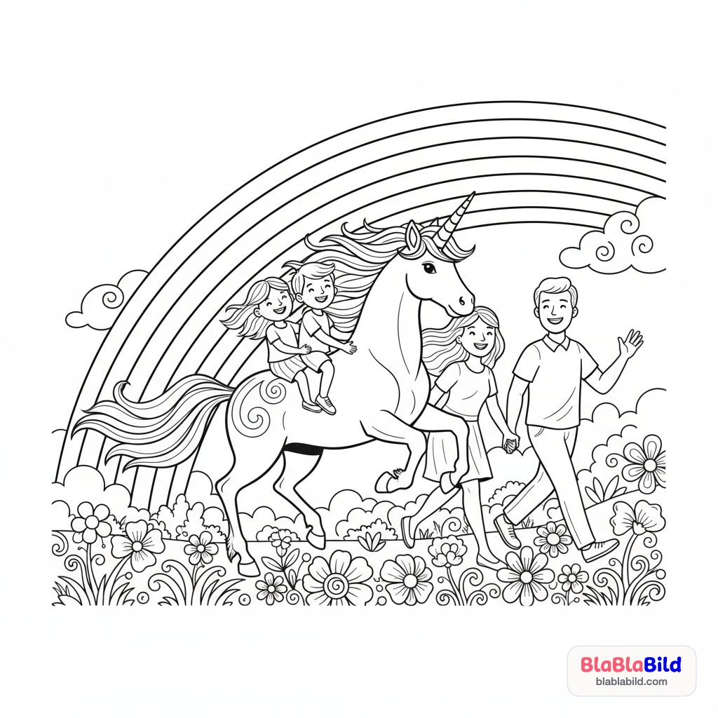 Ein Einhorn galoppiert mit zwei Kindern und ihren Eltern…