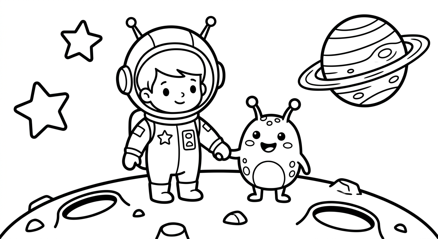 Ein Astronaut spielt mit einem kleinen Alien