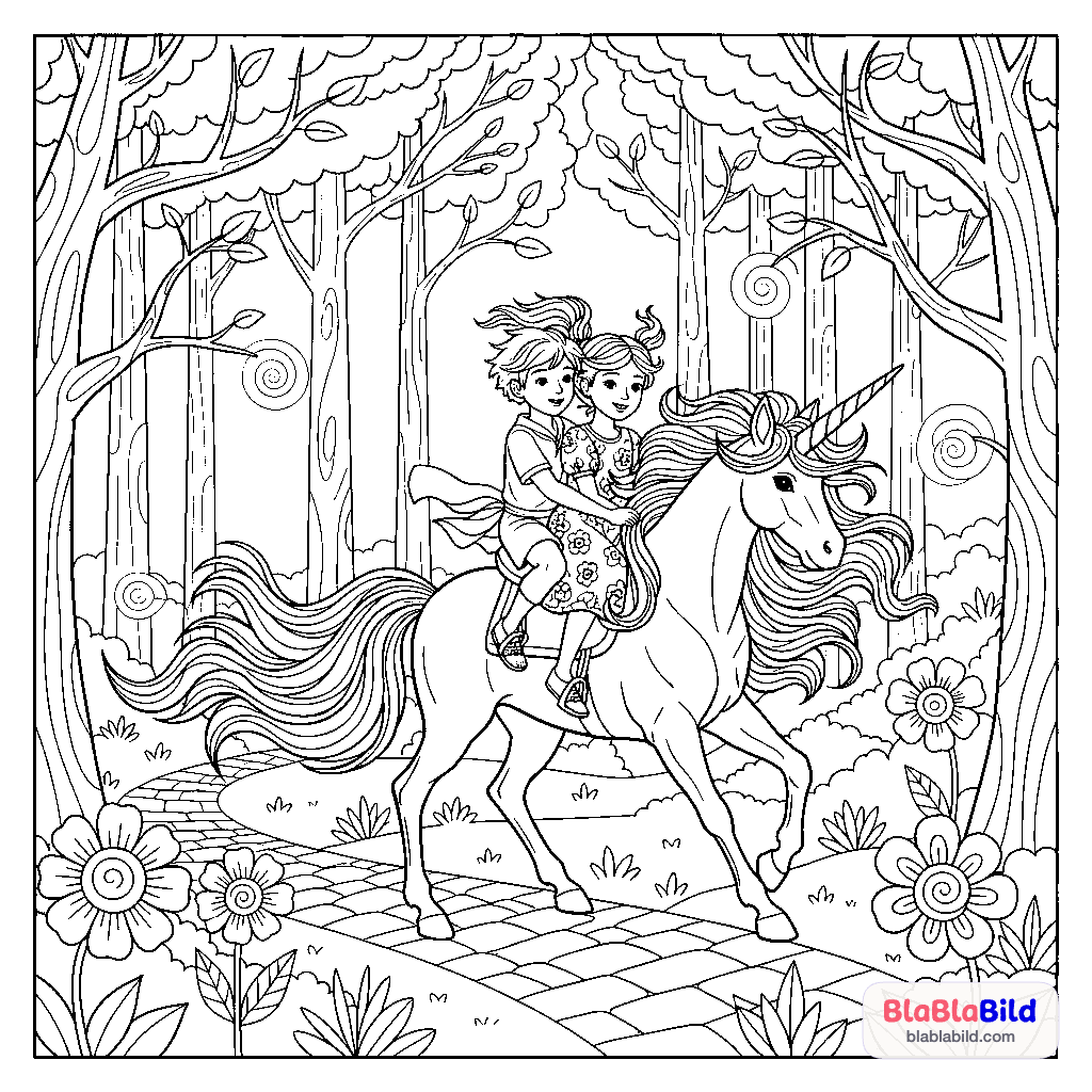 Zwei Kinder reiten auf einem majestätischen Einhorn durch…