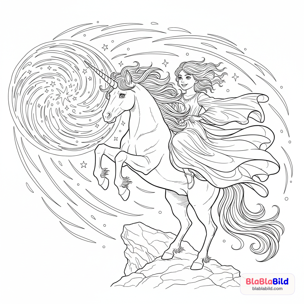 Ein Kind auf einem Einhorn, das in ein schimmerndes Porta…