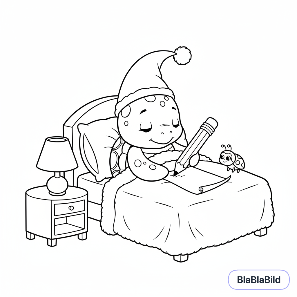 Coloring page of a tired turtle writing a letter in bed.