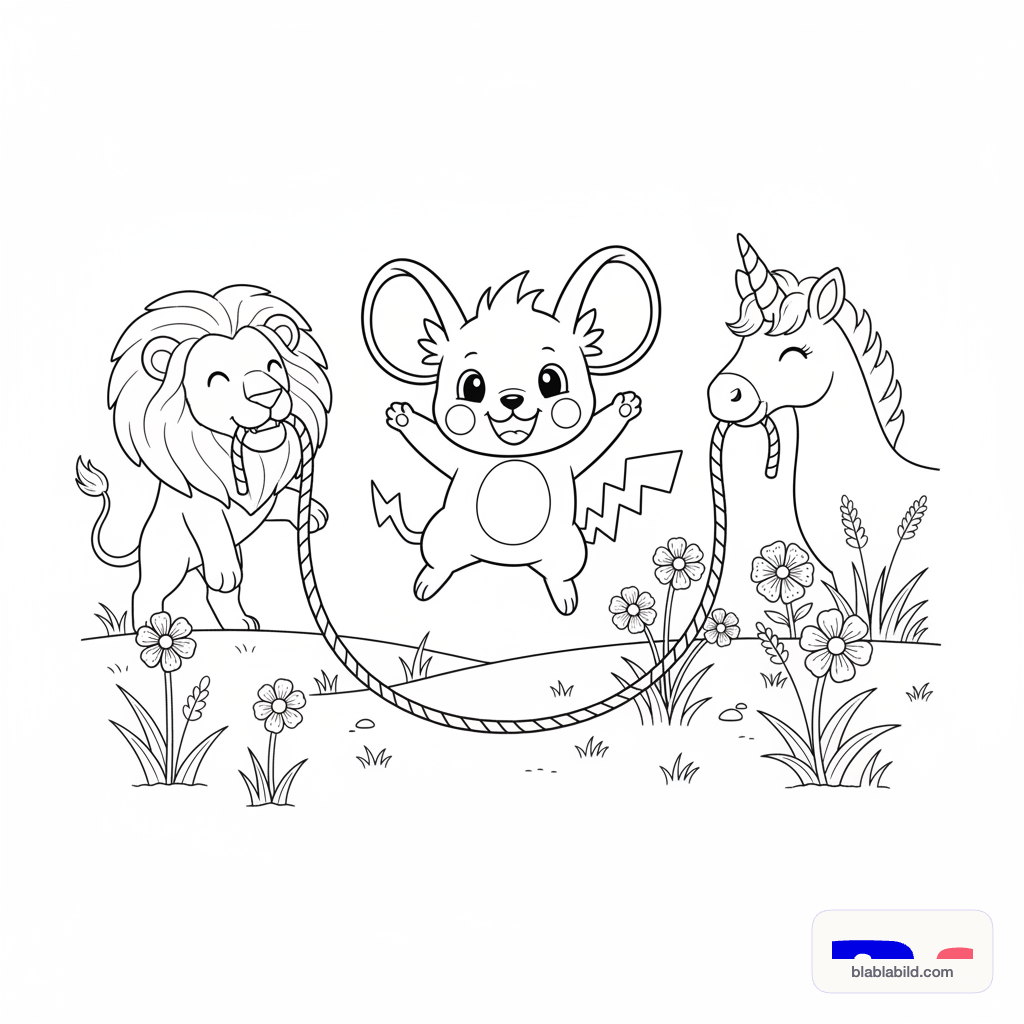 Ein Pikachu-ähnliches Wesen springt Seil, gehalten von
