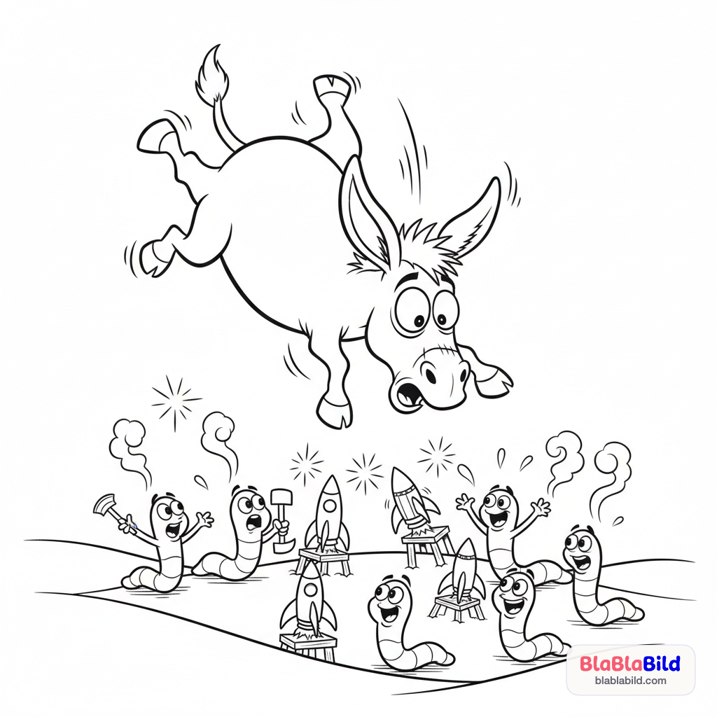 Coloring page of a giant donkey falling from the sky into a field where worms are playing with rockets.