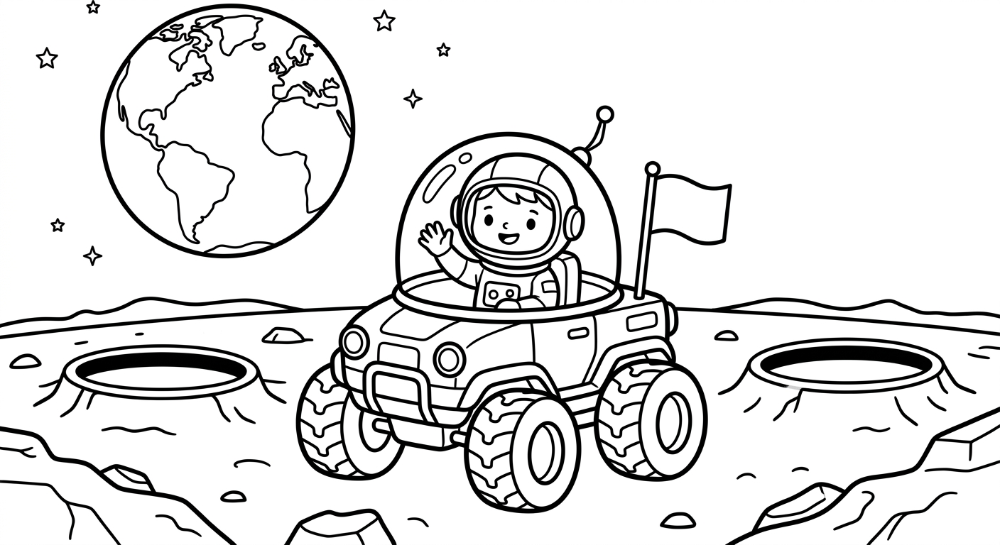 Ein Mondrover mit einem winkenden Astronauten