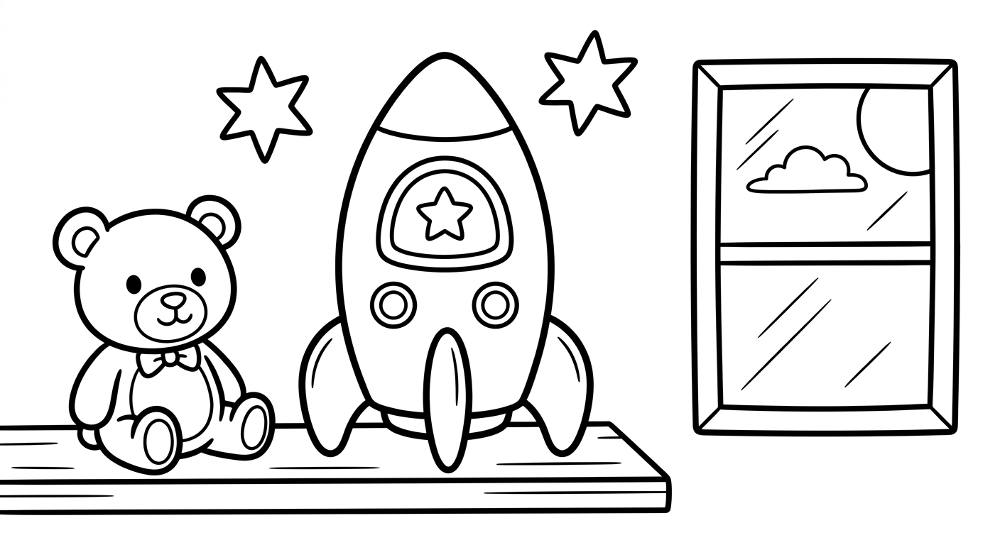 Coloring page of a toy rocket ship in a child's bedroom.