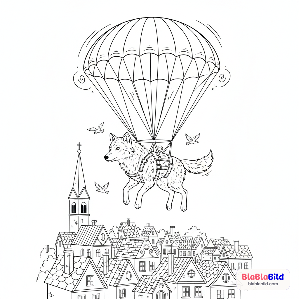 Ein mutiger Wolf fliegt mit einem Fallschirm über eine kl…
