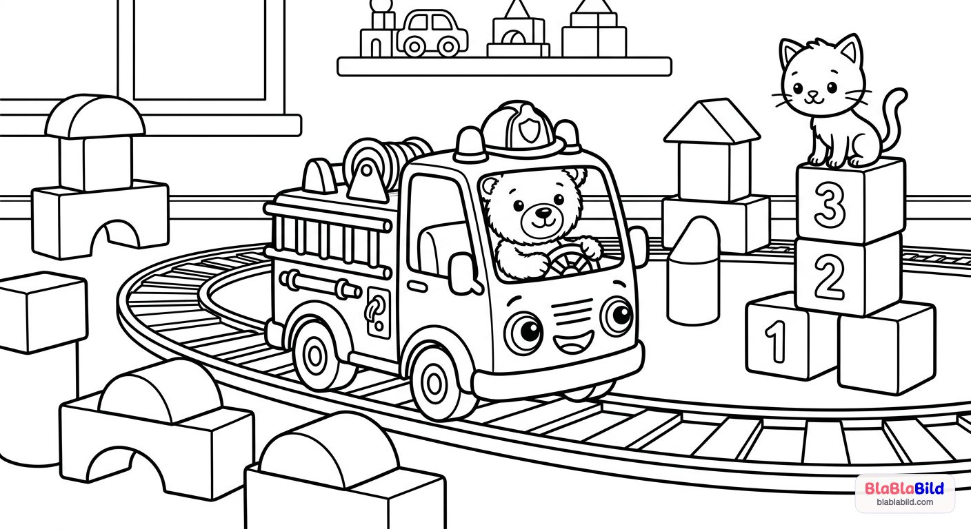 Ein Spielzeug-Feuerwehrauto mit einem Teddy am Steuer fäh…