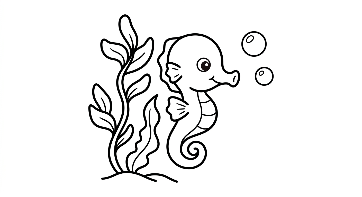 Coloring page of a seahorse dancing in seaweed.