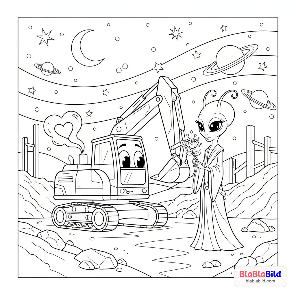 Ein Bagger auf einer Baustelle verliebt sich in ein Alien