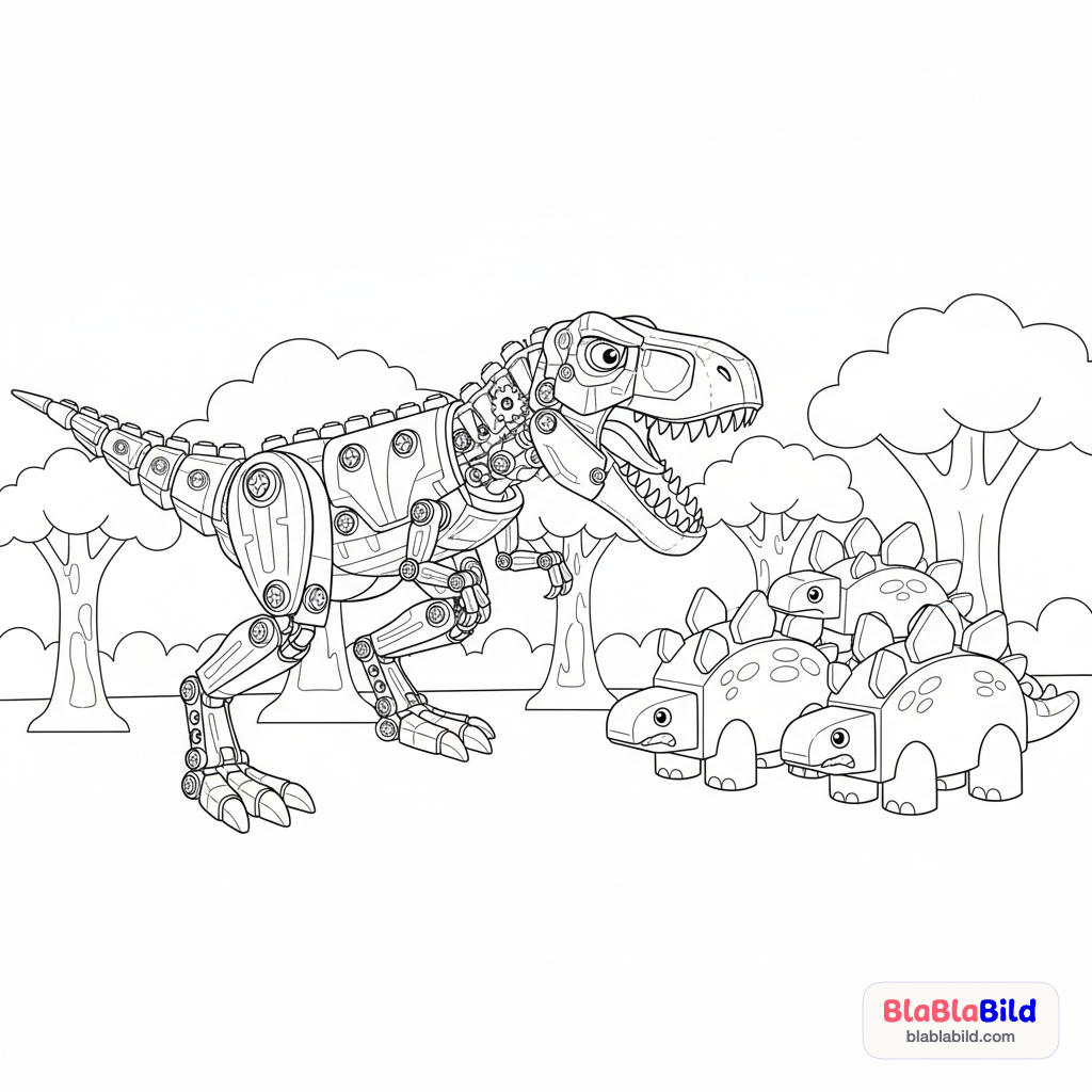 Ein Lego Technic T-Rex greift eine Herde Duplo Stegosauri…