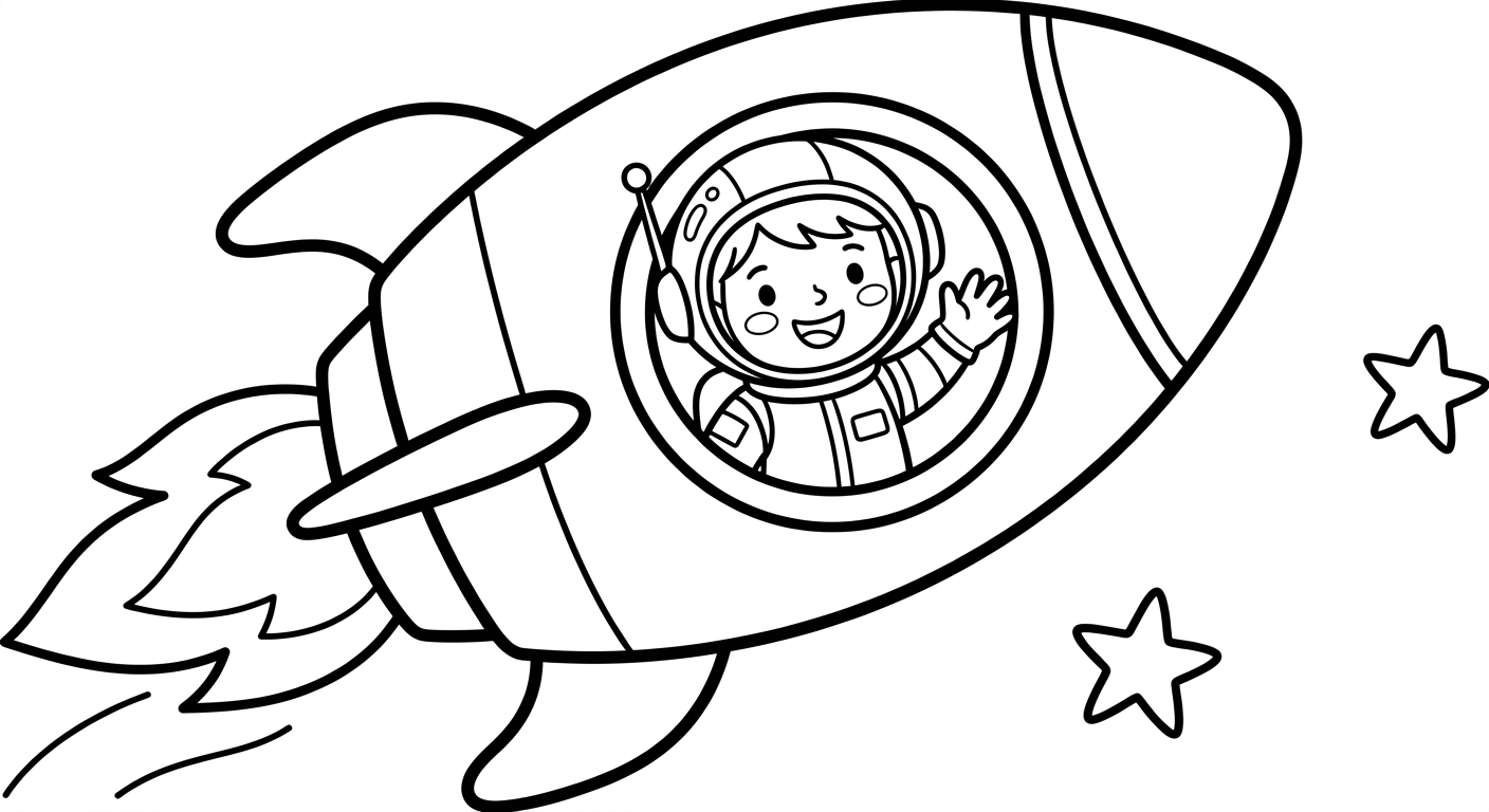 Coloring page of a rocket ship with an astronaut waving from the window.