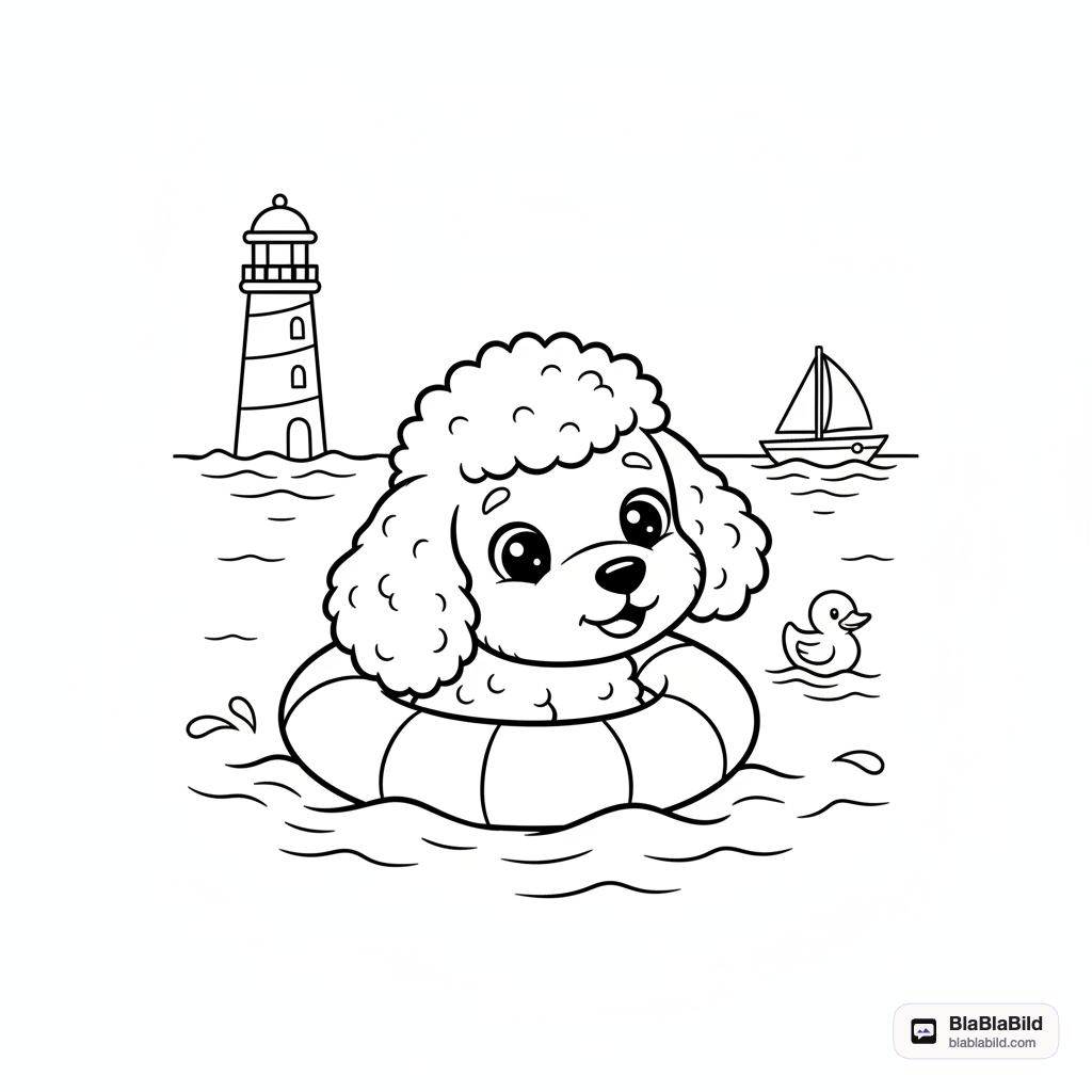 Ein lockiger Pudel schwimmt mit einem Rettungsring und