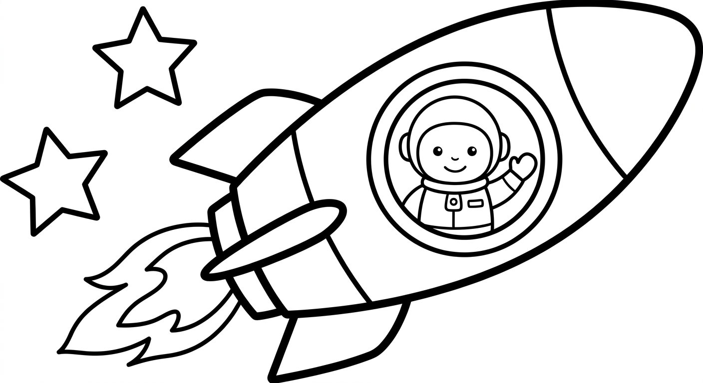Coloring page of a rocket with an astronaut waving from the window.