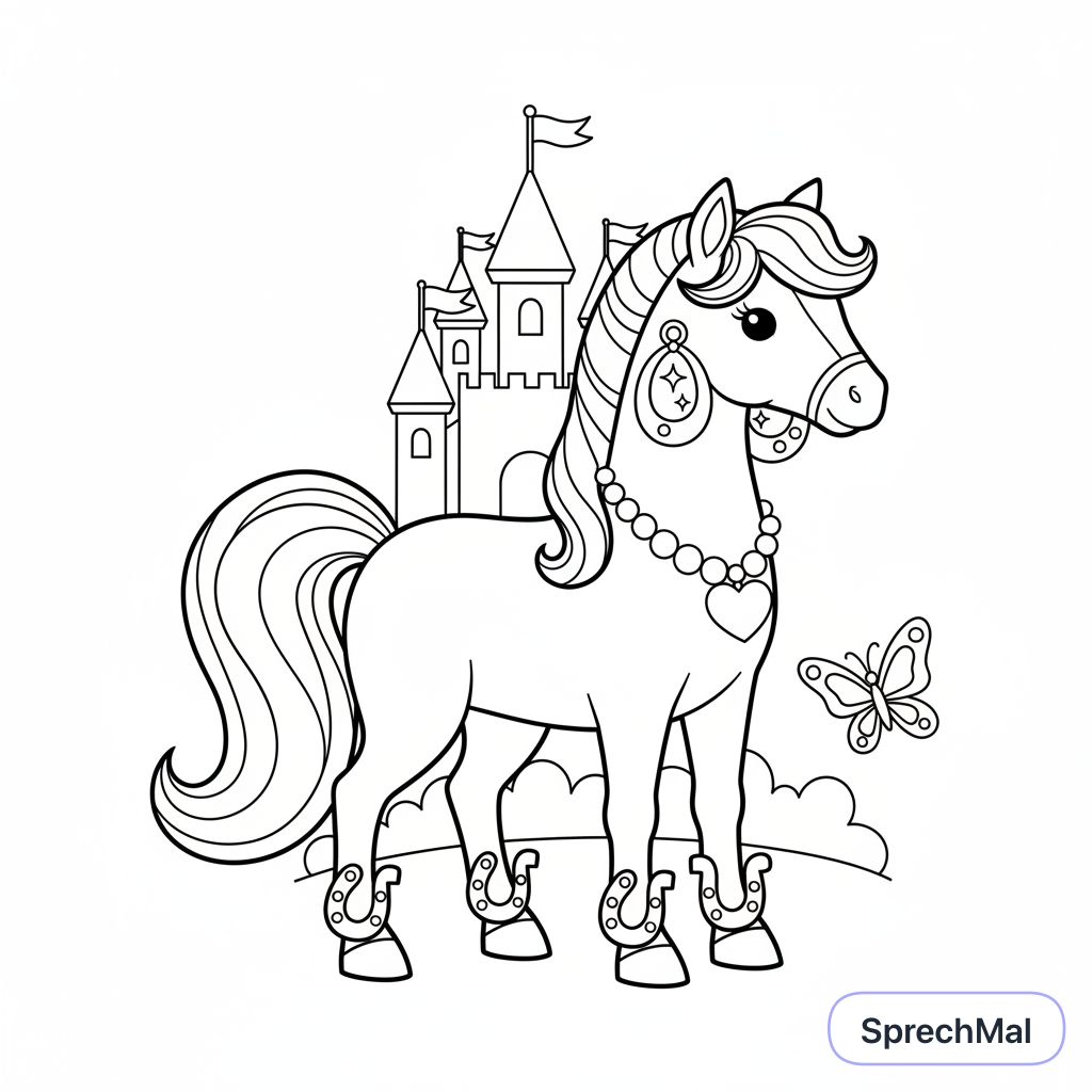 Malvorlage: Ich will ein Pferd was sehr schön ist überall Schmuck hat…