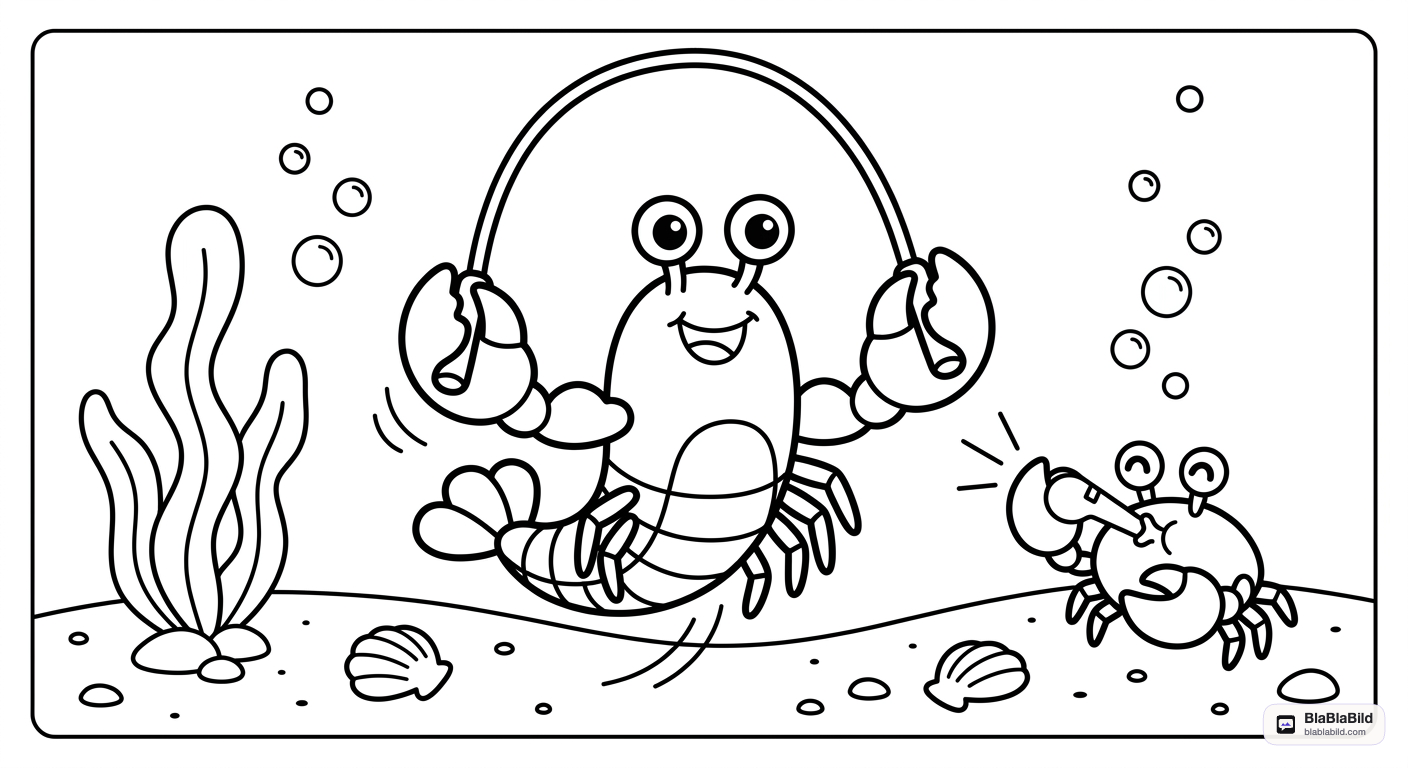 Coloring page of a strong, muscular lobster doing sports and jumping rope with a friend.