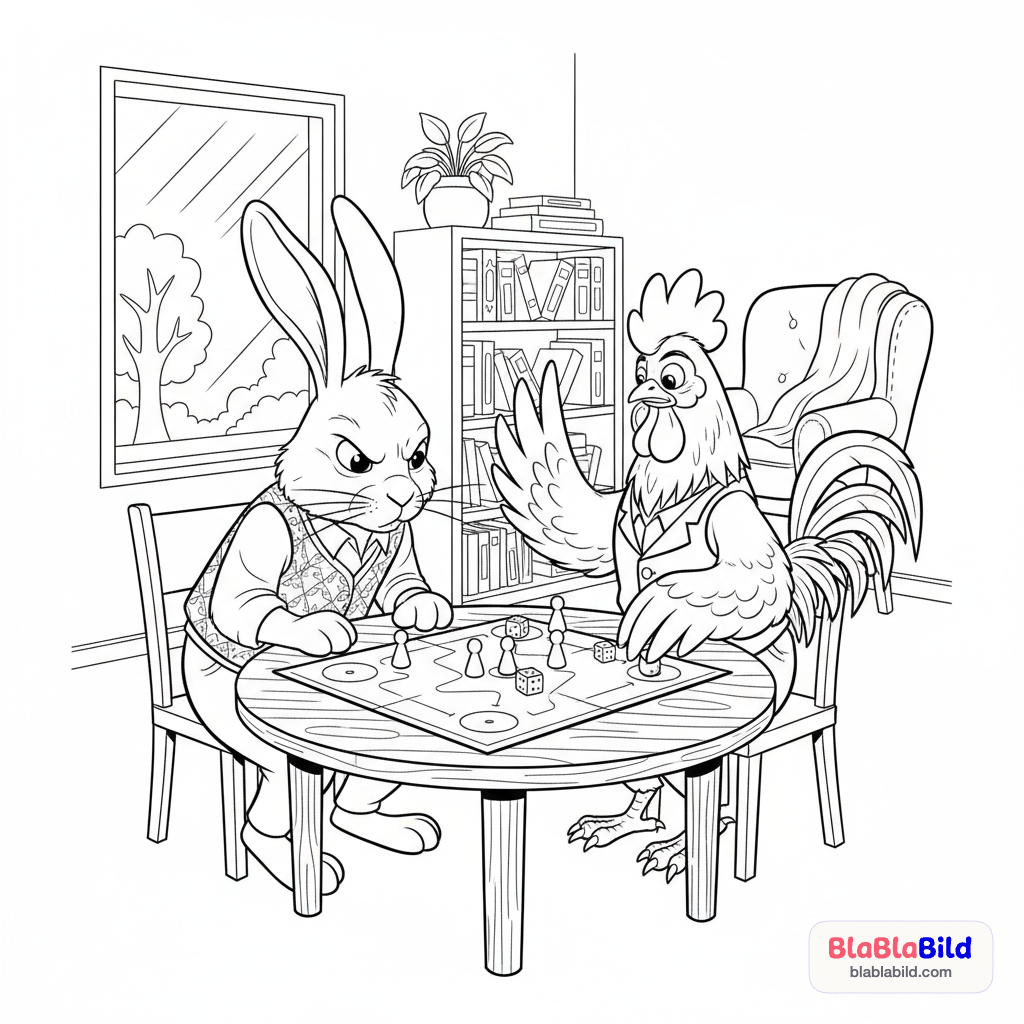 Ein Hase und ein Hahn spielen Mensch Ärgere dich nicht in…