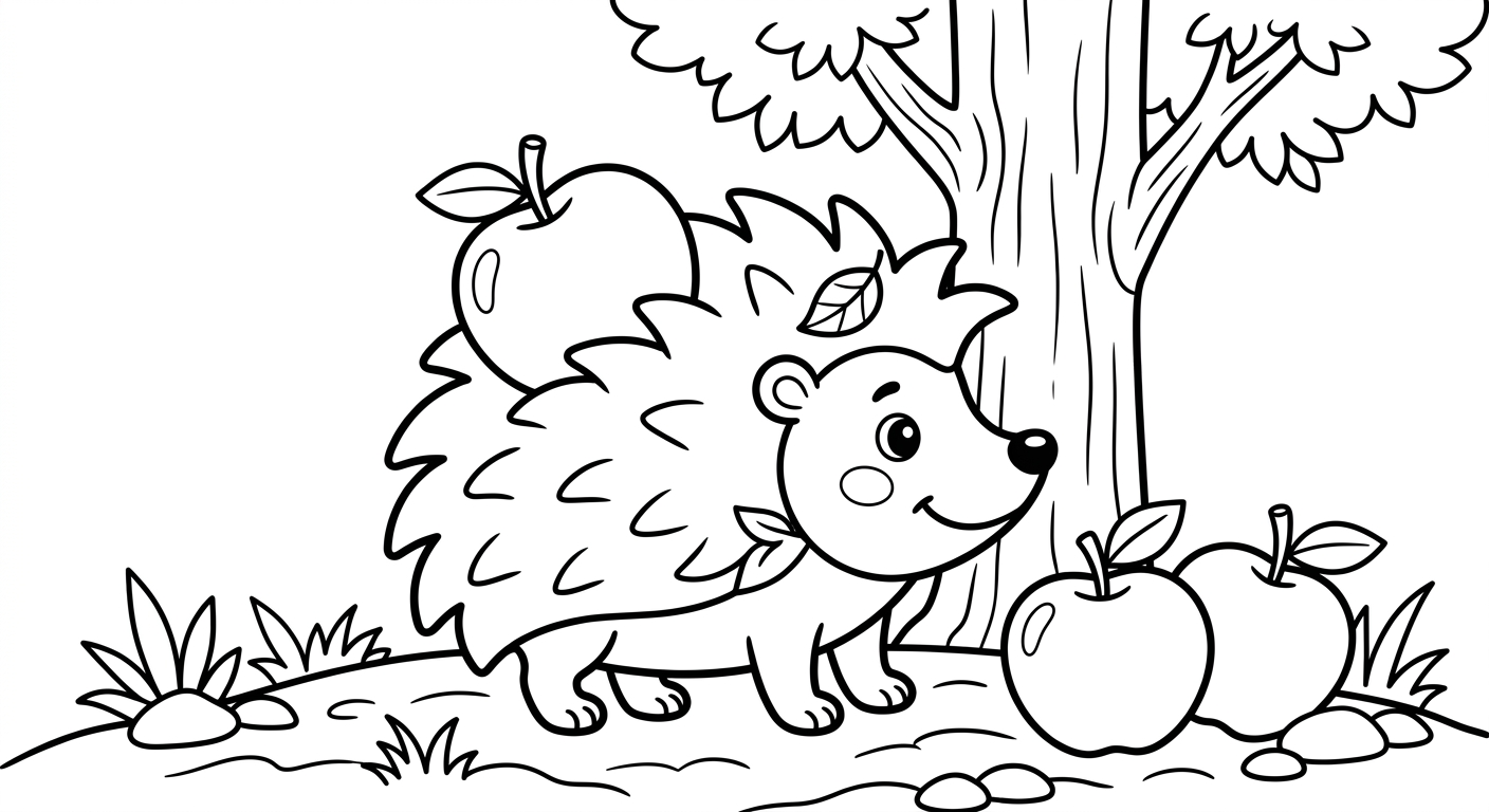 Coloring page of a hedgehog gathering apples in a forest.