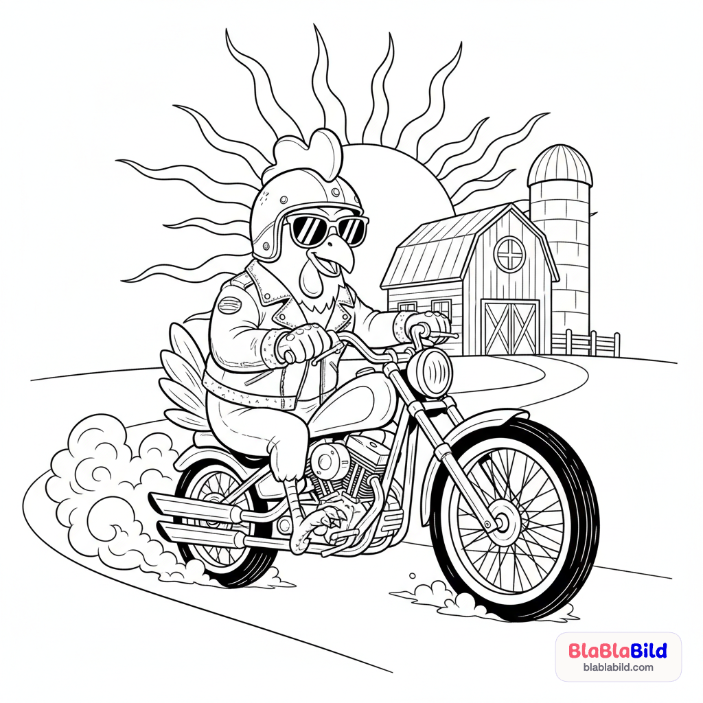 Coloring page of a cool chicken riding a motorcycle down a country road.