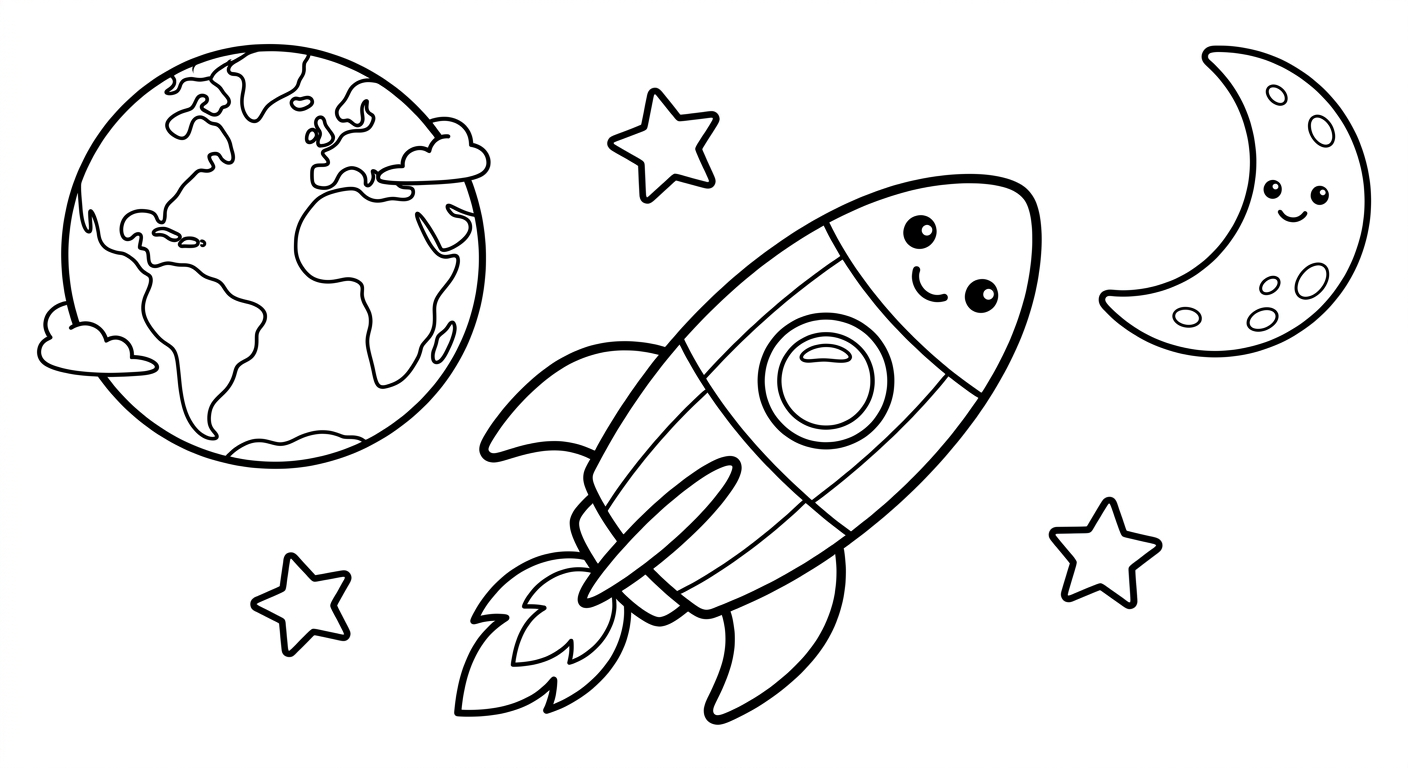 Coloring page of a rocket flying past the Earth and Moon.
