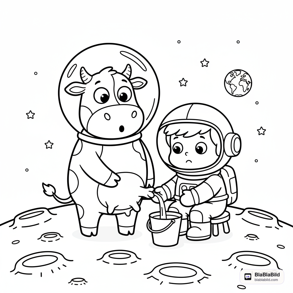 Ein Astronaut und eine Kuh im Weltraum wundern sich