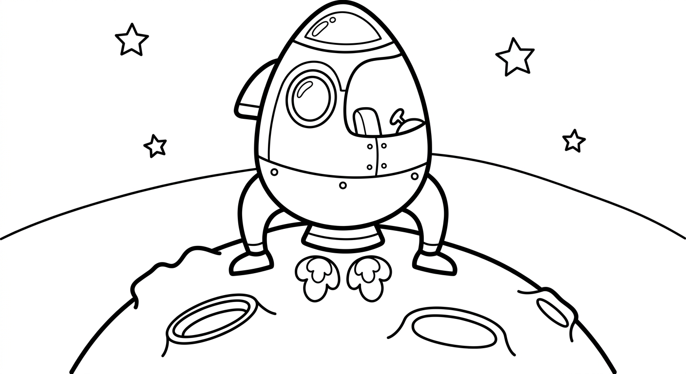 Coloring page of a rocket landing on an alien planet.