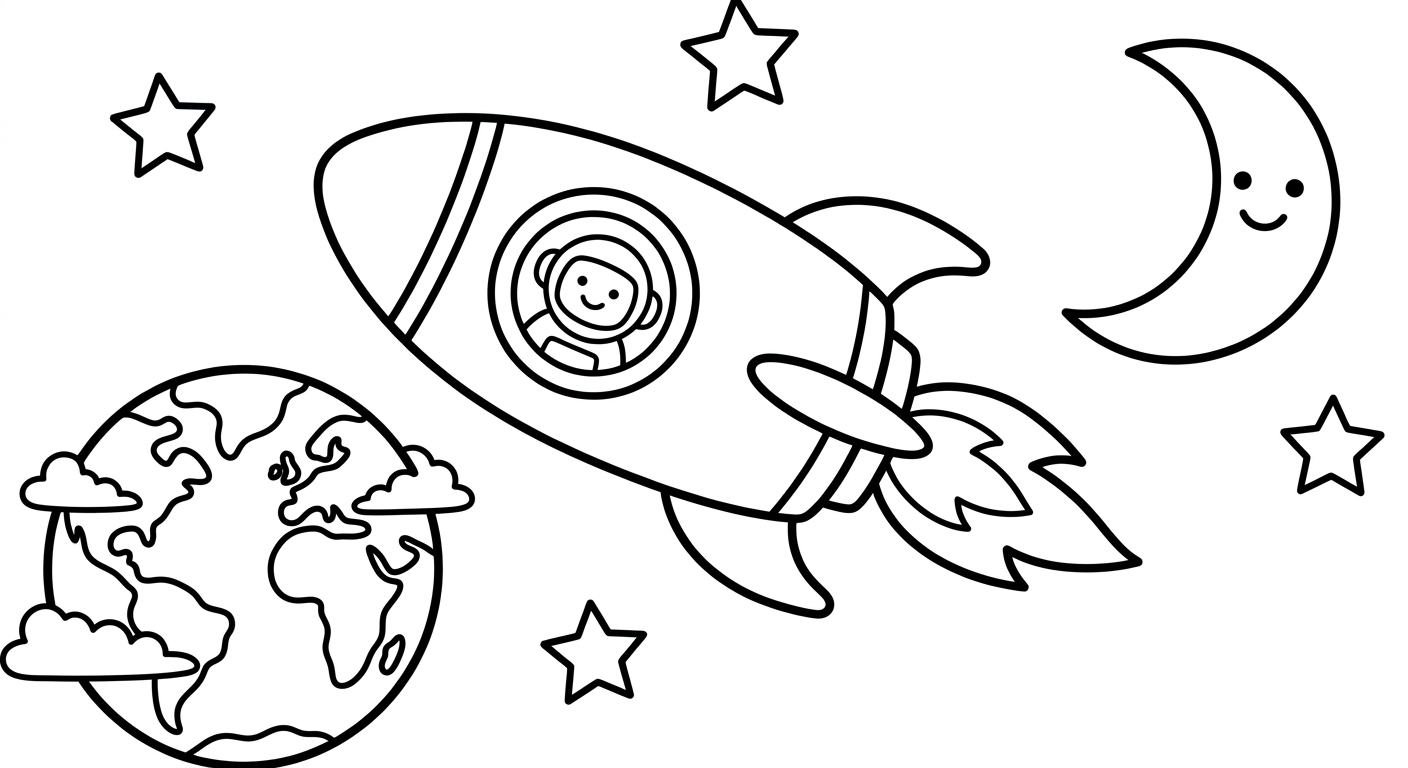 Coloring page of a rocket ship with Earth and the Moon in the background.