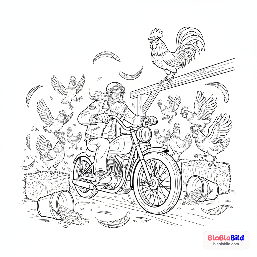 Ein Opa fährt Motorrad in einem chaotischen Hühnerstall