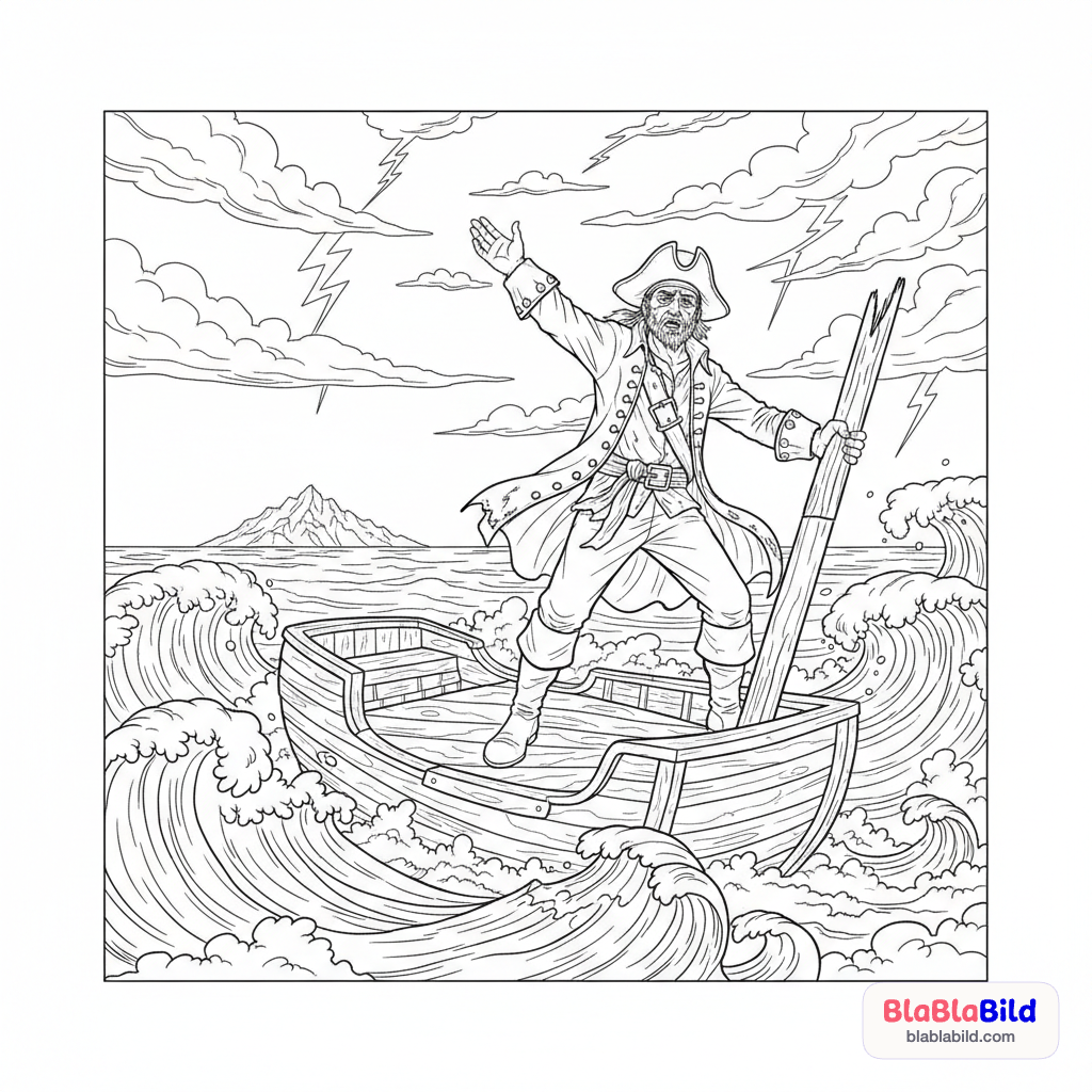 Coloring page of a pirate waving desperately from a sinking ship.