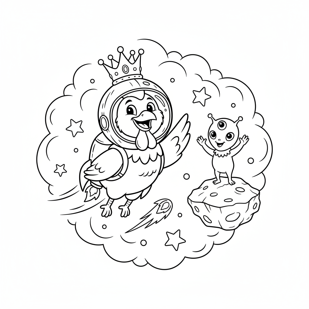 Coloring page from a mini story about a rooster flying to Mars in a rocket. – page 3