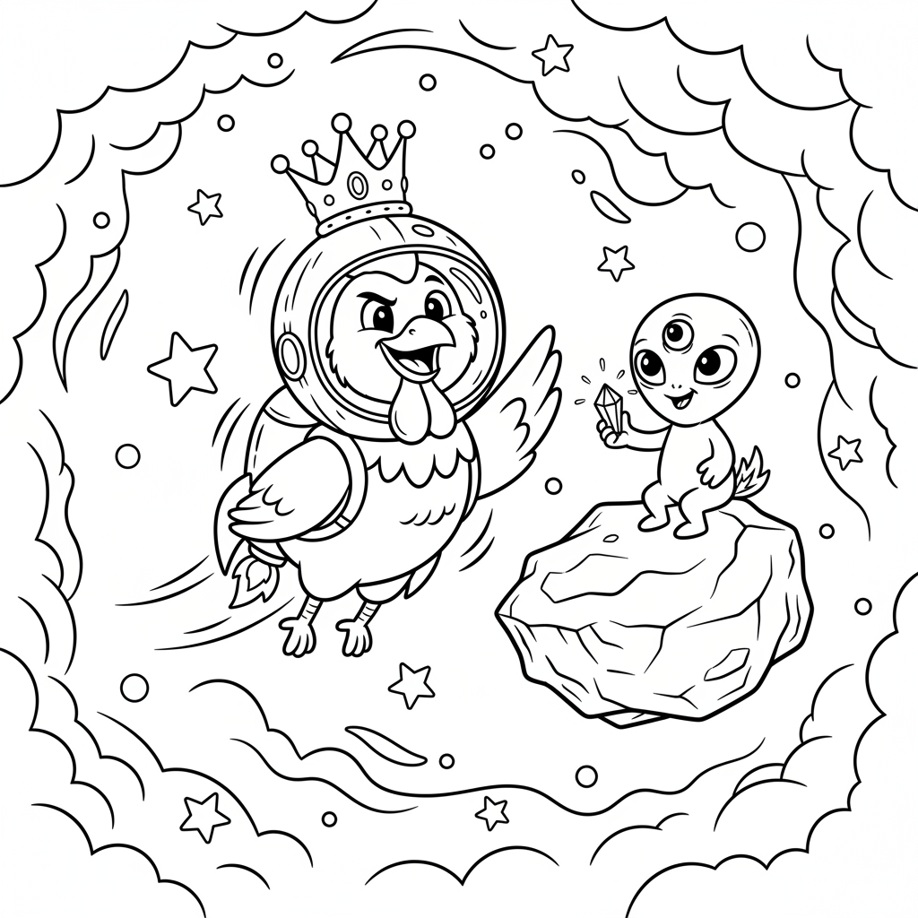 Coloring page from a mini story about a rooster flying to Mars in a rocket. – page 4