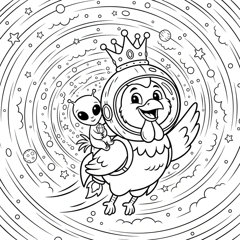 Coloring page from a mini story about a rooster flying to Mars in a rocket. – page 5