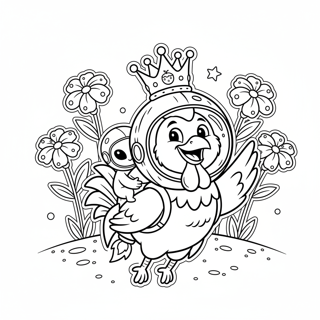 Coloring page from a mini story about a rooster flying to Mars in a rocket. – page 6
