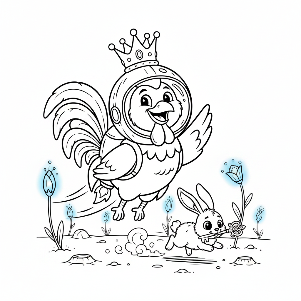 Coloring page from a mini story about a rooster flying to Mars in a rocket. – page 7