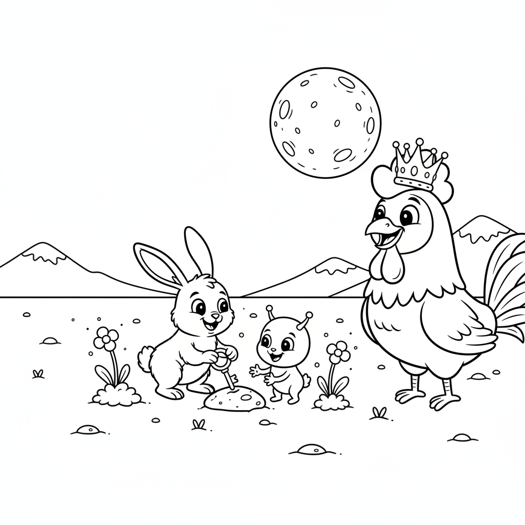 Coloring page from a mini story about a rooster flying to Mars in a rocket. – page 8