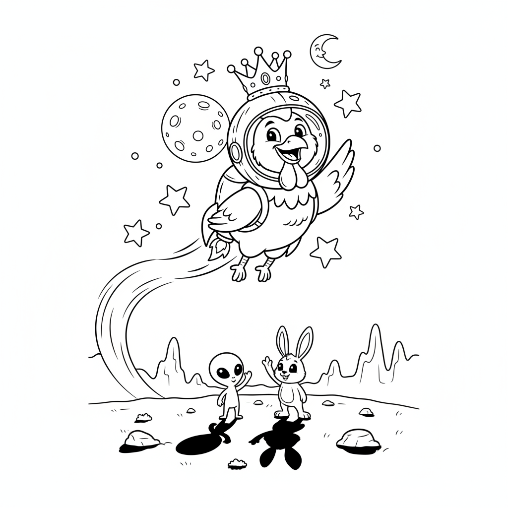 Coloring page from a mini story about a rooster flying to Mars in a rocket. – page 9