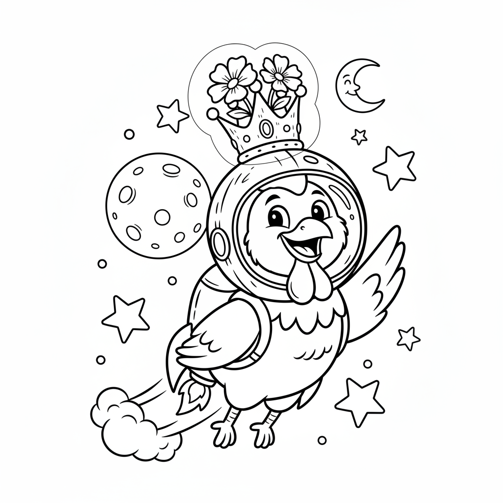 Coloring page from a mini story about a rooster flying to Mars in a rocket. – page 10
