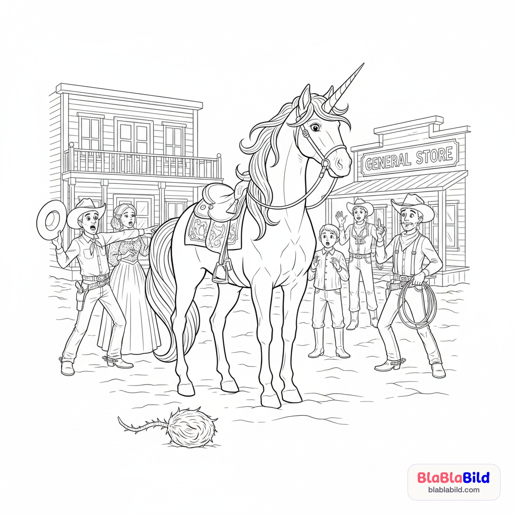 Ein Einhorn im Wilden Westen, bereit zum Einreiten, umrin…