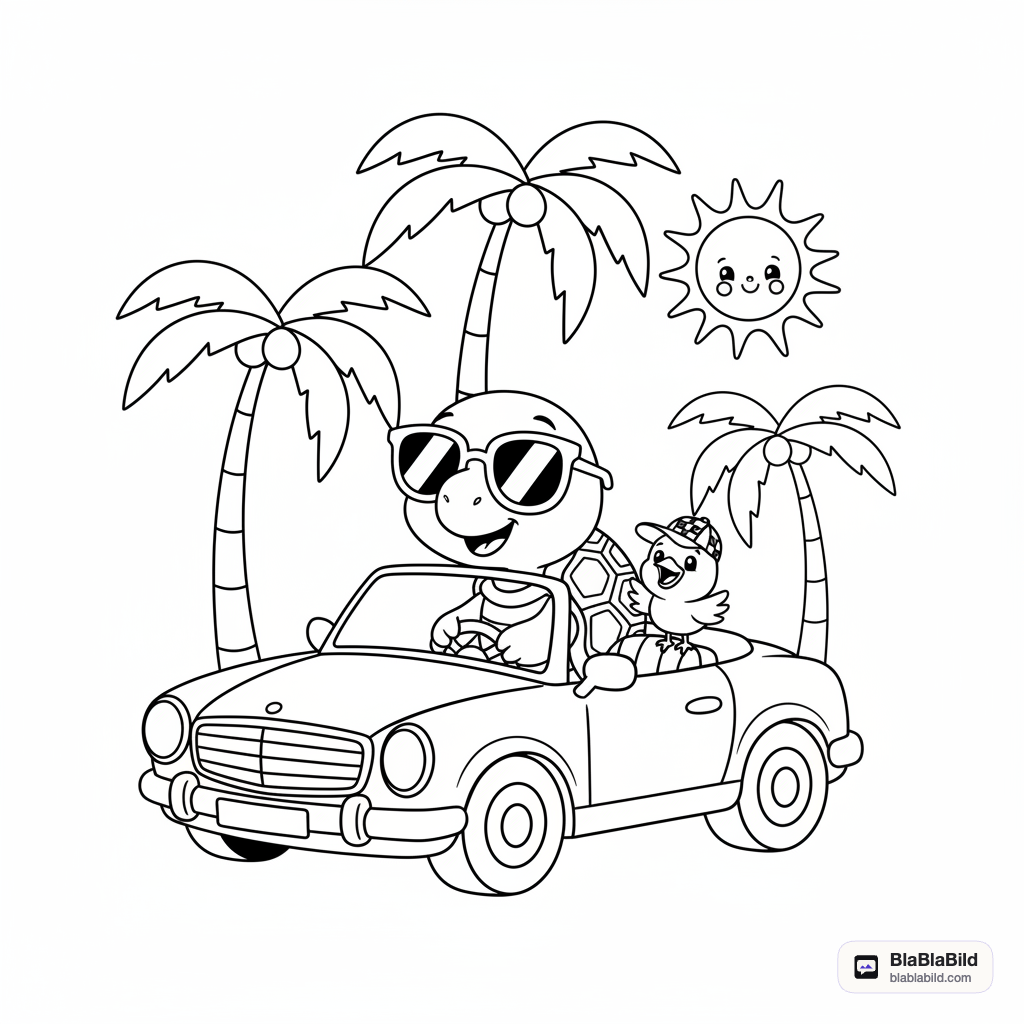 Coloring page of a smiling turtle driving a cool convertible past palm trees.