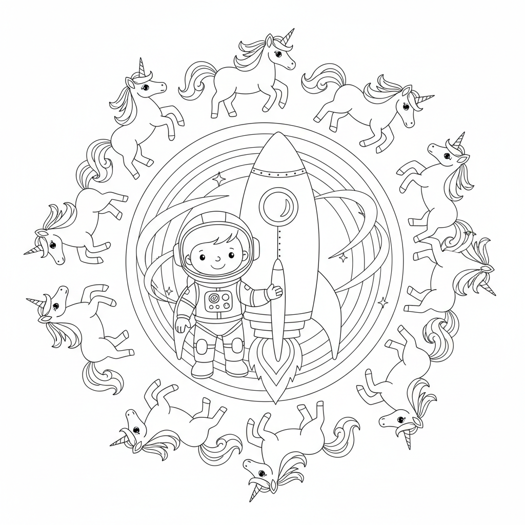 Coloring page from a mini story about a rocket in space exploding into a rainbow of unicorns. – page 3