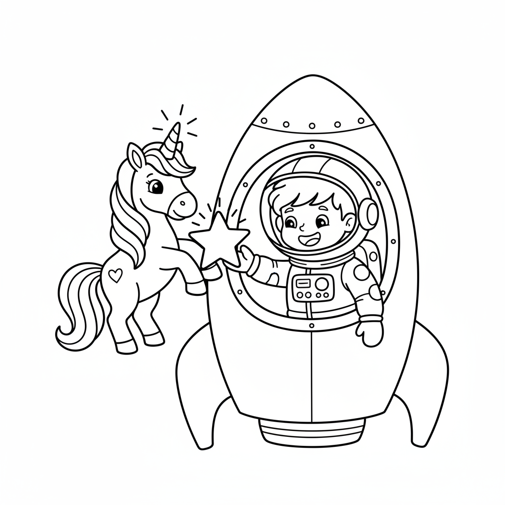 Coloring page from a mini story about a rocket in space exploding into a rainbow of unicorns. – page 4