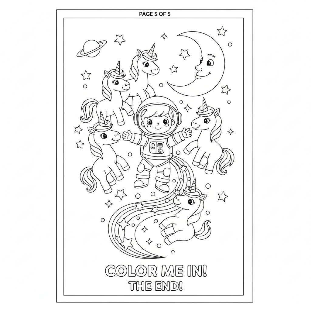 Coloring page from a mini story about a rocket in space exploding into a rainbow of unicorns. – page 5