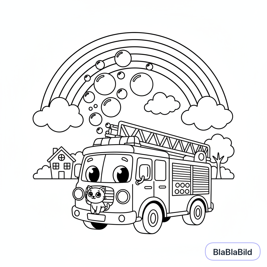 Coloring page of a fire truck spraying colorful soap bubbles under a big rainbow.