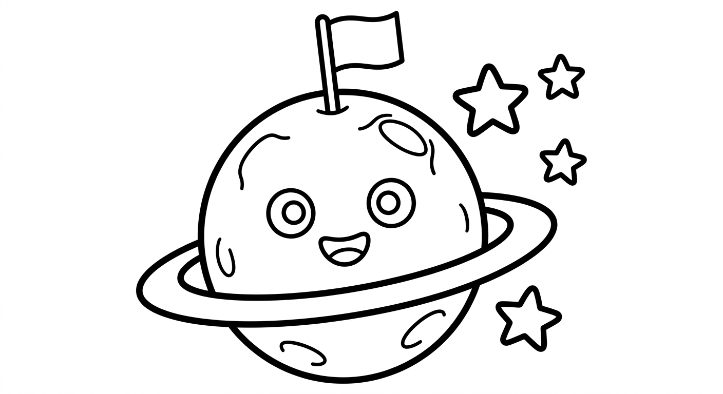 Coloring page of a planet with a flag on top