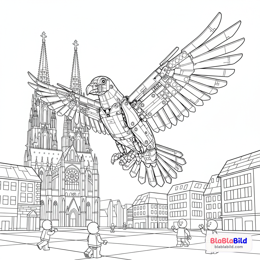 Eine Lego Technic Taube fliegt über die Kölner Domplatte