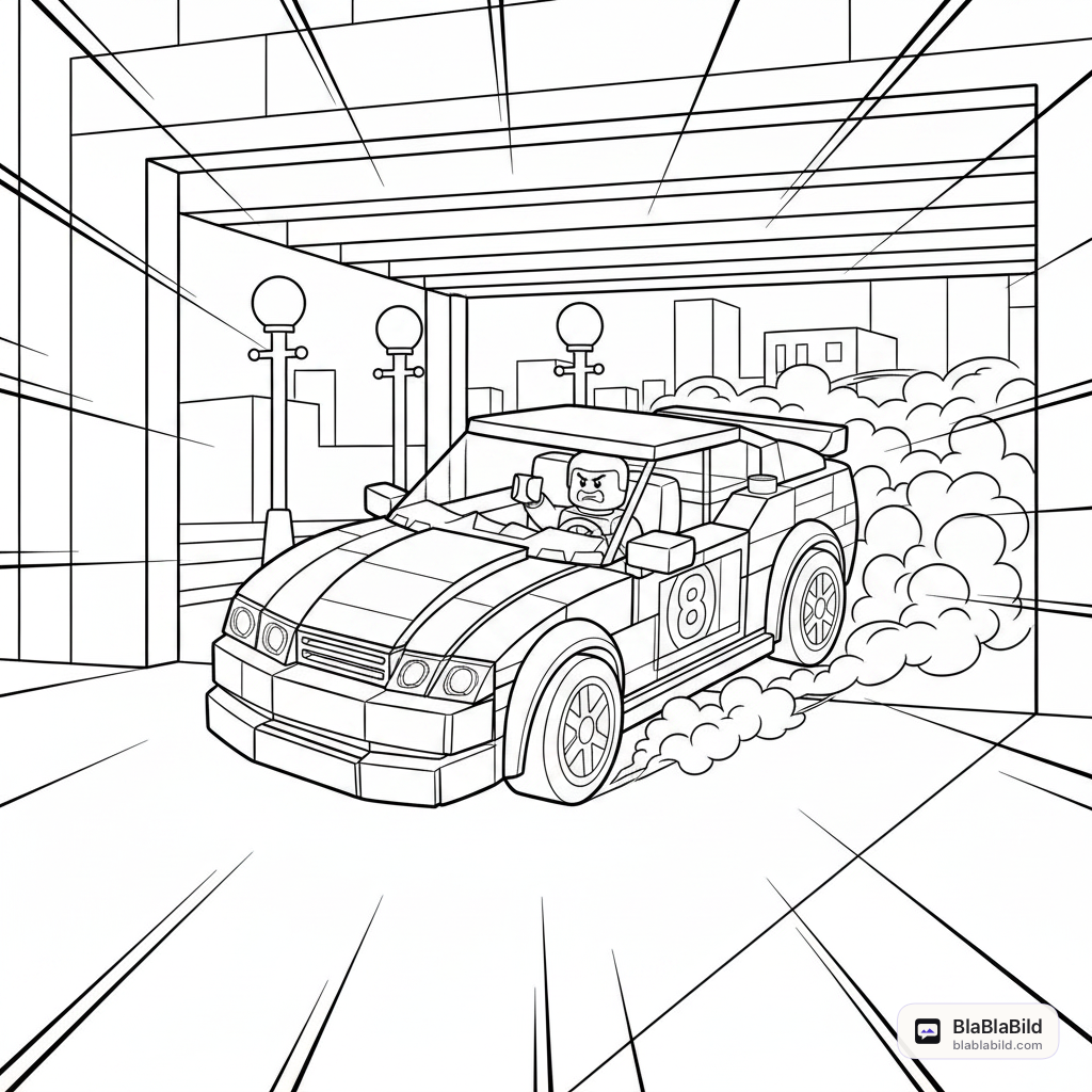 Coloring page from a mini story about a Lego car crash pilot giving a thumbs-up. – page 4