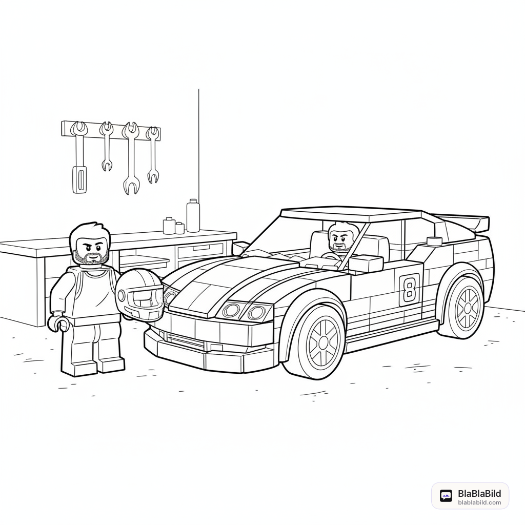 Coloring page from a mini story about a Lego car crash pilot giving a thumbs-up. – page 10