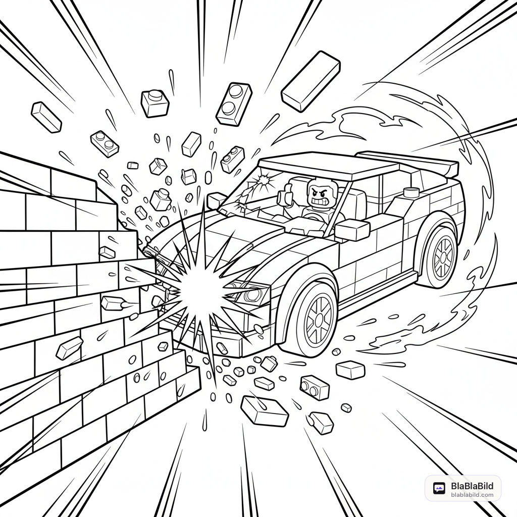 Coloring page from a mini story about a Lego car crash pilot giving a thumbs-up.